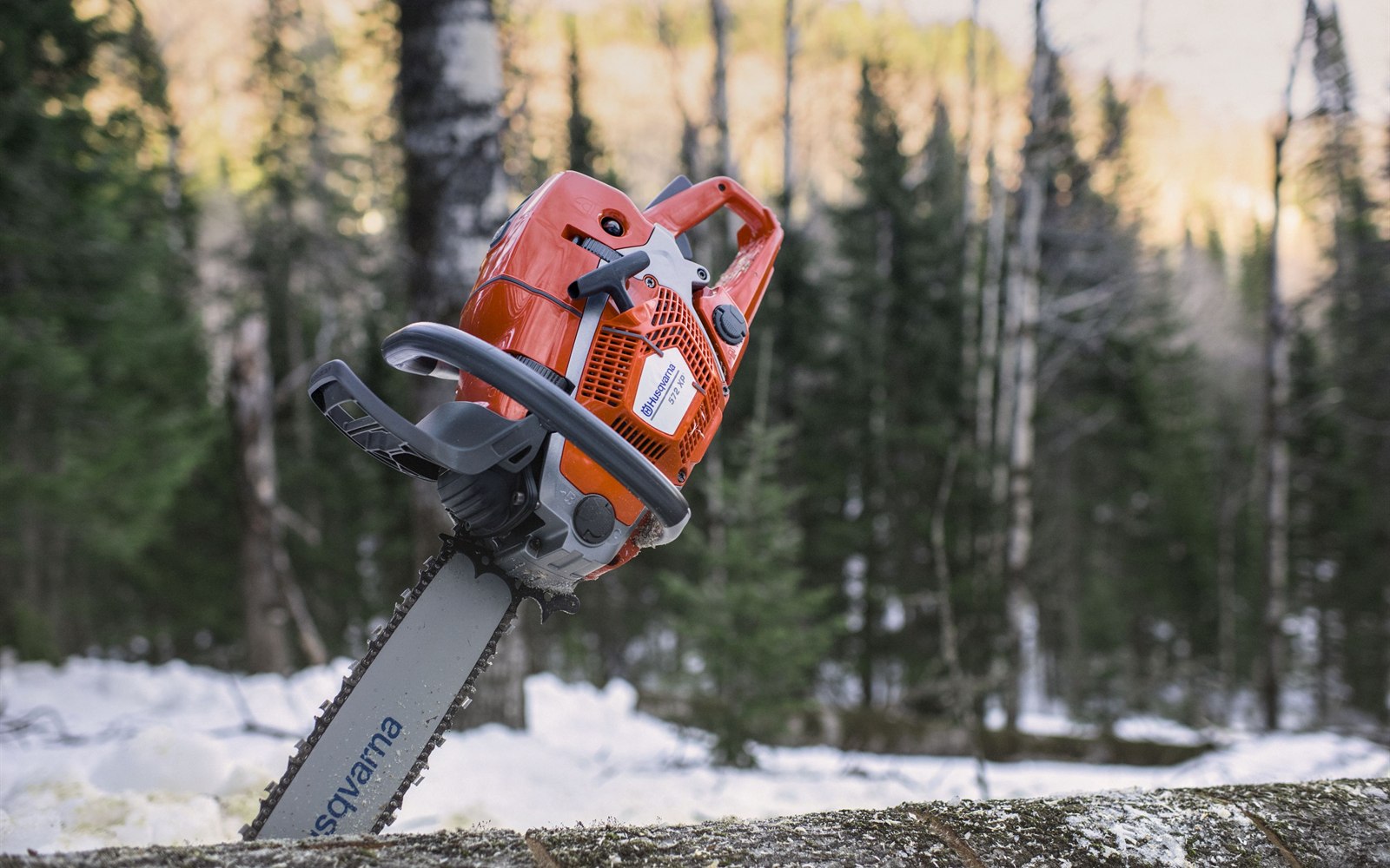 Husqvarna Motorsäge auf einem Holzstamm im winterlichen Wald