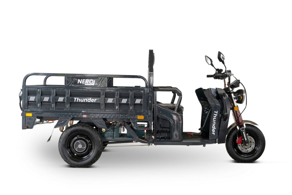 Nero Thunder Elektro-Lastendreirad in Grau mit kippbarer Ladefläche